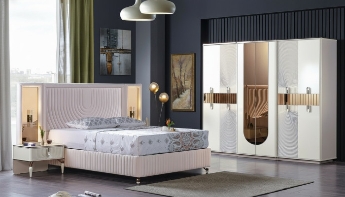 Set da camera da letto di lusso con letto, 2 comodini e armadio in legno completo, moderno e nuovo.