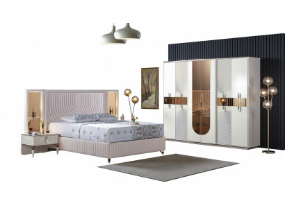 Set da camera da letto di lusso con letto, 2 comodini e armadio in legno completo, moderno e nuovo.