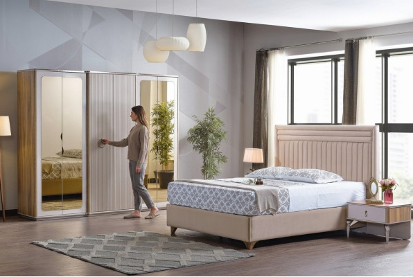 Set da camera da letto moderno, letto 2x comodini armadio nuovo lusso