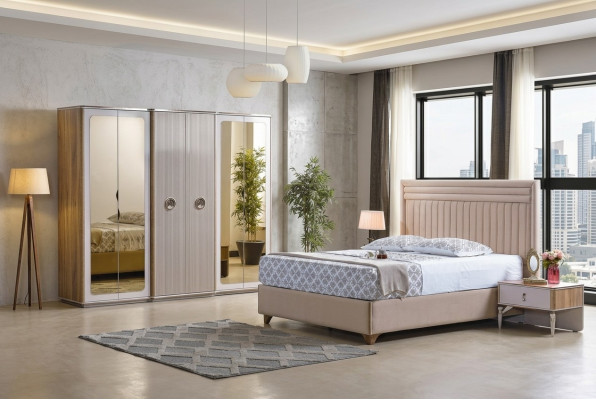 Set da camera da letto moderno, letto 2x comodini armadio nuovo lusso