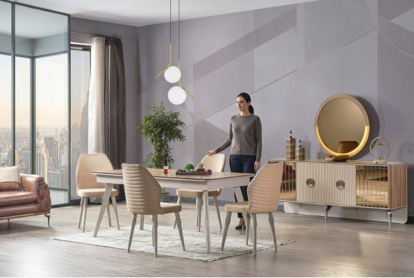 Design sala da pranzo completo Tavolo da pranzo + 6 sedie Mobili moderni Tavolo in legno nuovo