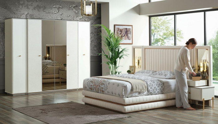 Set da camera da letto Letto 2 comodini Armadio Design Mobili 4 pezzi Beige