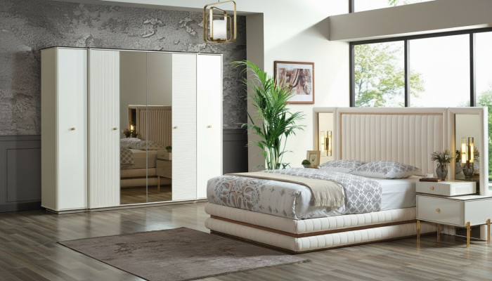 Set da camera da letto Letto 2 comodini Armadio Design Mobili 4 pezzi Beige