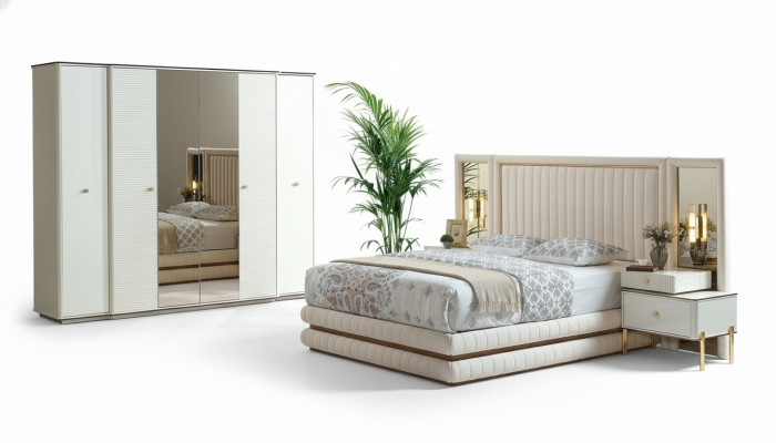 Set da camera da letto Letto 2 comodini Armadio Design Mobili 4 pezzi Beige