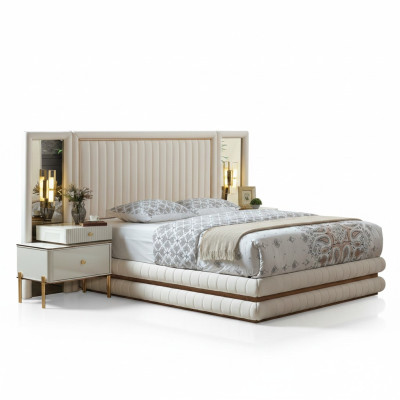 Set camera da letto moderna Letto + 2 comodini Design Mobili 3 pezzi Beige