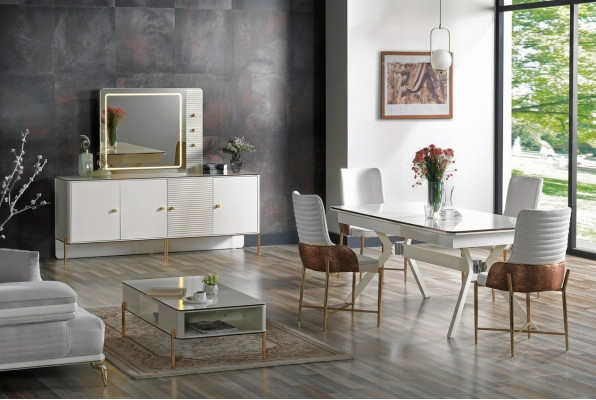 Set da pranzo con tavolo, 6 sedie, design moderno, mobili di lusso, credenza