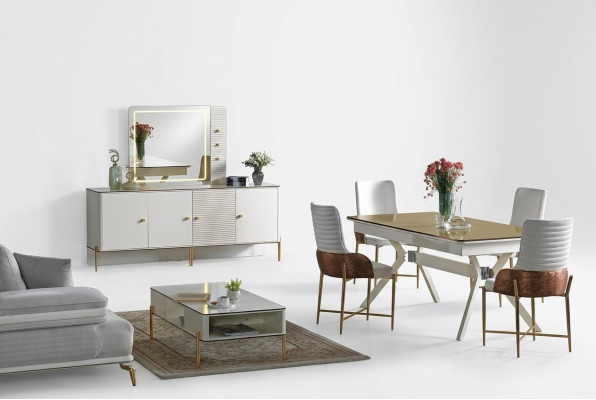 Set da pranzo con tavolo, 6 sedie, design moderno, mobili di lusso, credenza