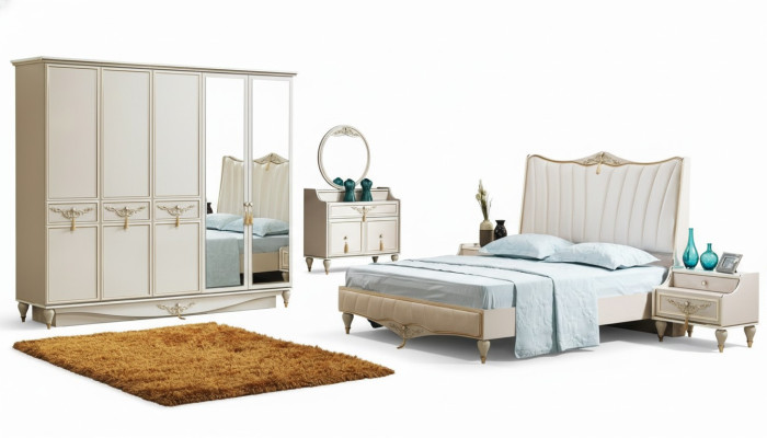 Set da camera da letto di lusso Letto + 2 comodini + Armadio + Cassettiera Completo Moderno
