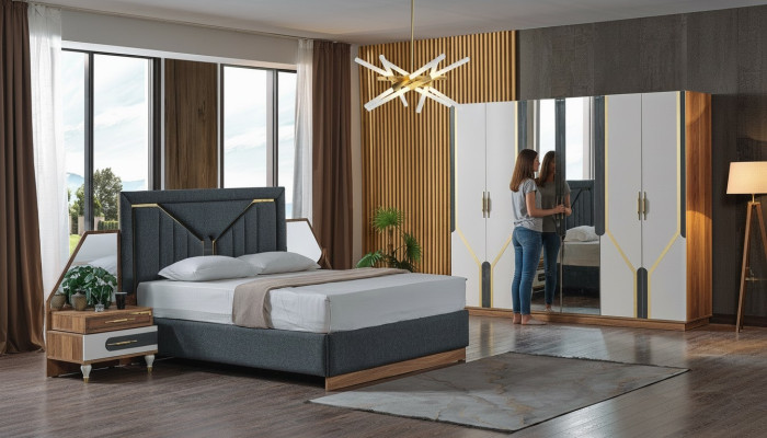 Set da camera da letto Letto + 2 comodini + Armadio Design Mobili 4 pezzi. Nuovo