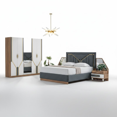 Set camera da letto di lusso Letto + 2 comodini + Armadio in legno Completo Nuovo Moderno