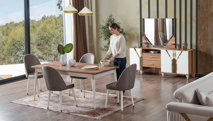 Lussuoso set da sala da pranzo con tavolo + 6 sedie + credenza. Nuovo set di 8 pezzi.