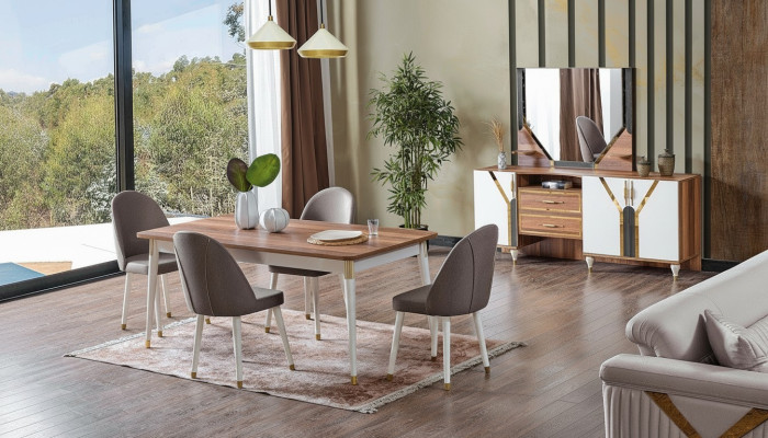 Lussuoso set da sala da pranzo con tavolo + 6 sedie + credenza. Nuovo set di 8 pezzi.