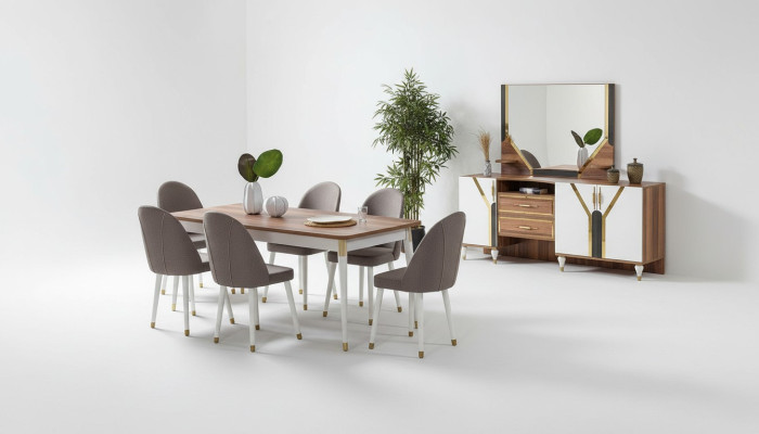 Lussuoso set da sala da pranzo con tavolo + 6 sedie + credenza. Nuovo set di 8 pezzi.