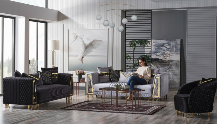 Set divano Chesterfield in stile barocco con 3 posti + 3 posti + 1 poltrona. Set di 3 pezzi divano relax.