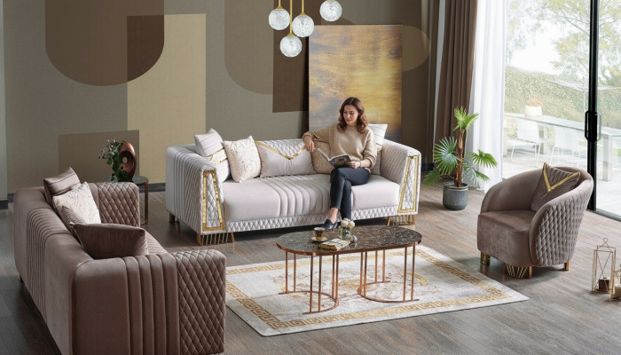 Set di mobili premium per soggiorno con 3+3+1 posti a sedere, divanetto 2x e poltrona.