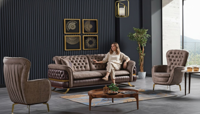 Set di divani Chesterfield da 3+3+1 posti in stoffa per imbottiture e rivestimenti di alta qualità.