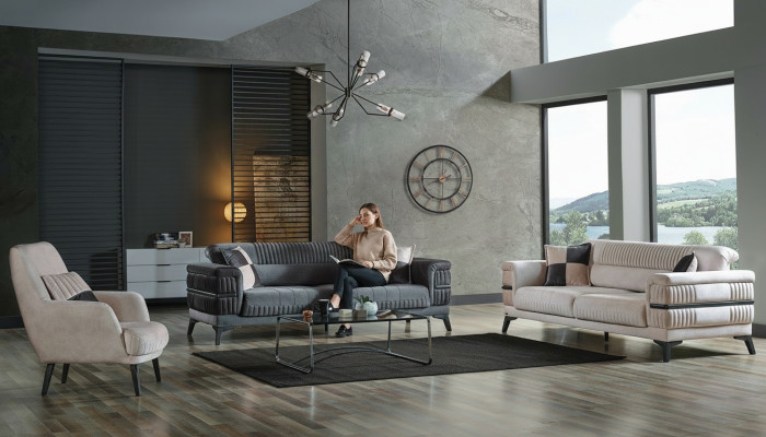 Set da salotto 3+3+1 in legno, soggiorno lussuoso, divano moderno in tessuto nuovo completo.