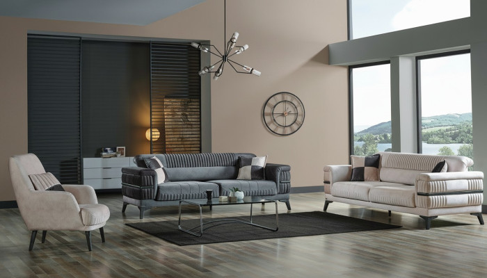 Set da salotto 3+3+1 in legno, soggiorno lussuoso, divano moderno in tessuto nuovo completo.