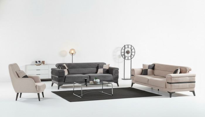 Set da salotto 3+3+1 in legno, soggiorno lussuoso, divano moderno in tessuto nuovo completo.