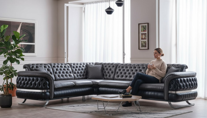 Divano ad angolo paesaggio abitativo Colore nero Forma U XXL Nuovo divano Chesterfield Nuovo