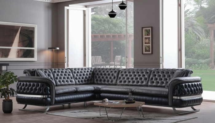 Divano ad angolo paesaggio abitativo Colore nero Forma U XXL Nuovo divano Chesterfield Nuovo