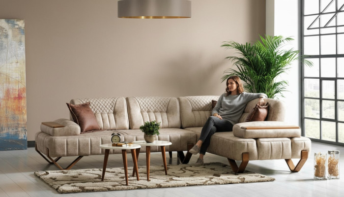 Divano d'angolo, colore beige, forma ad L, nuovo divano per il soggiorno, lussuoso divano d'angolo per il soggiorno.