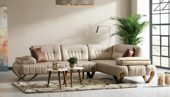 Divano d'angolo, colore beige, forma ad L, nuovo divano per il soggiorno, lussuoso divano d'angolo per il soggiorno.