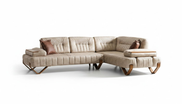 Divano d'angolo, colore beige, forma ad L, nuovo divano per il soggiorno, lussuoso divano d'angolo per il soggiorno.