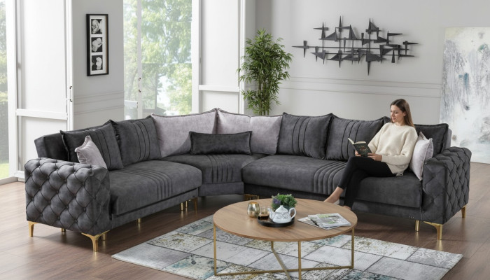 Sofà angolare grigio per soggiorno in stile Chesterfield moderno di lusso, nuovo.