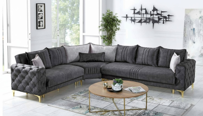 Sofà angolare grigio per soggiorno in stile Chesterfield moderno di lusso, nuovo.