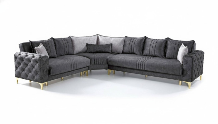 Sofà angolare grigio per soggiorno in stile Chesterfield moderno di lusso, nuovo.