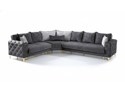 Sofà angolare grigio per soggiorno in stile Chesterfield moderno di lusso, nuovo.