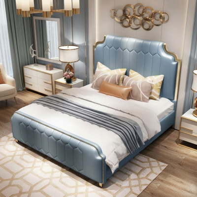 Letto matrimoniale moderno in legno blu stile legno per la camera da letto.
