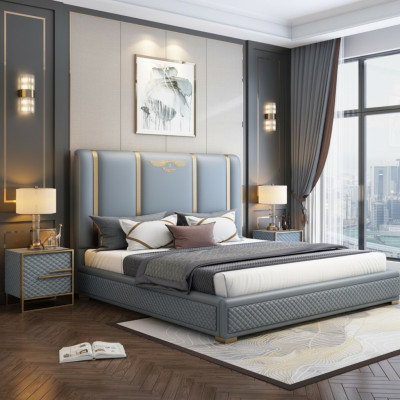 Letto matrimoniale di lusso in legno, cornice del letto, arredamento moderno.