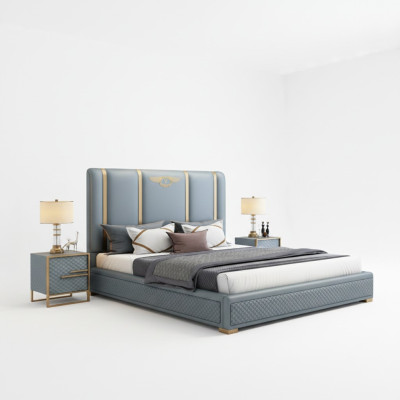 Letto matrimoniale di lusso in legno, cornice del letto, arredamento moderno.