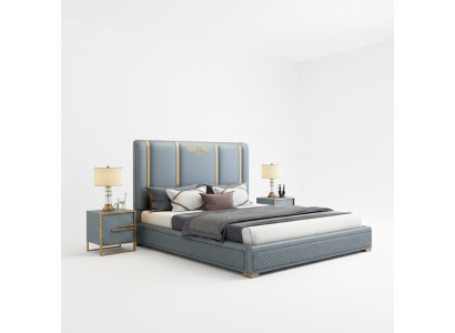 Letto matrimoniale di lusso in legno, cornice del letto, arredamento moderno.