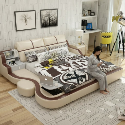 Letto multifunzionale di lusso design beige con doppio scaffale 180x200cm.