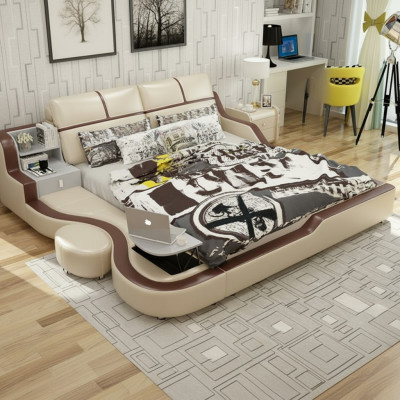 Letto multifunzionale di lusso design beige con doppio scaffale 180x200cm.
