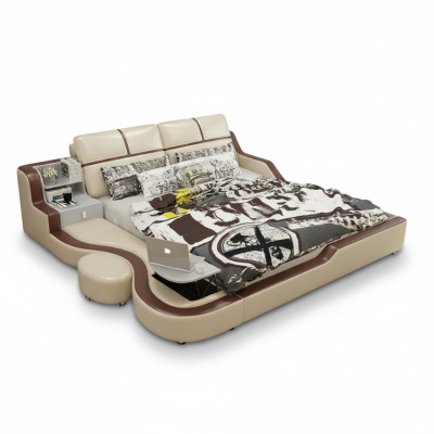 Letto multifunzionale di lusso design beige con doppio scaffale 180x200cm.