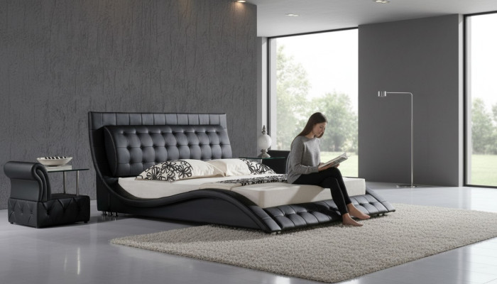 Letto matrimoniale nero con rivestimento moderno per camera da letto 180x200