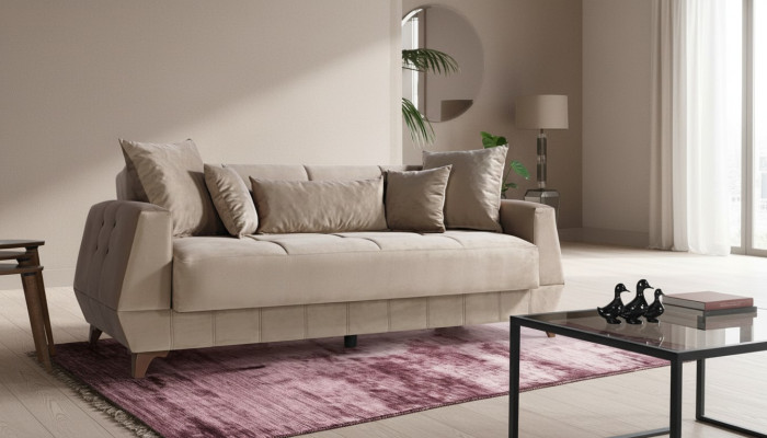 Divano design tre posti beige in tessuto, divano mobili tessili 3 posti divani.