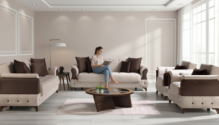 Set di divani moderni in tessuto di lusso con poltrona, divano completo di lusso a 3+2+1+1 posti.