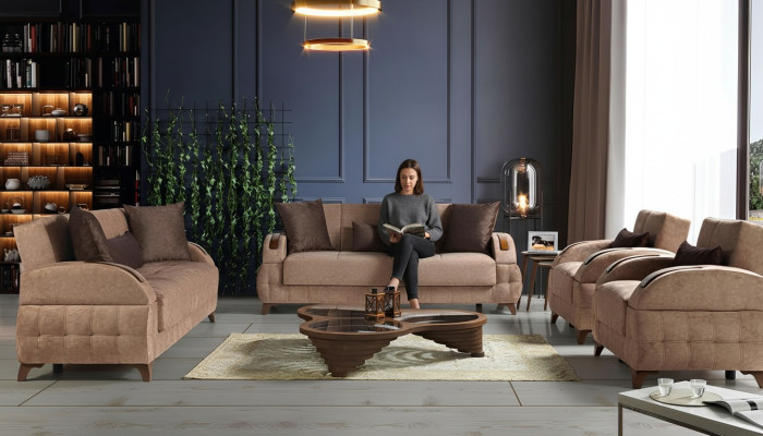 Set di divani design 3+2+1+1 posti in tessuto marrone con cuscini per sedile.
