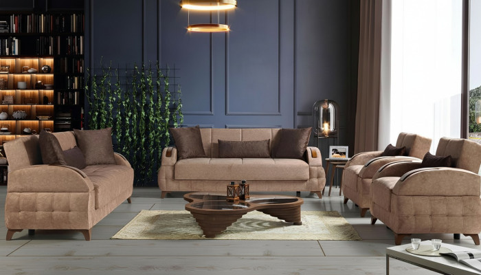 Set di divani design 3+2+1+1 posti in tessuto marrone con cuscini per sedile.