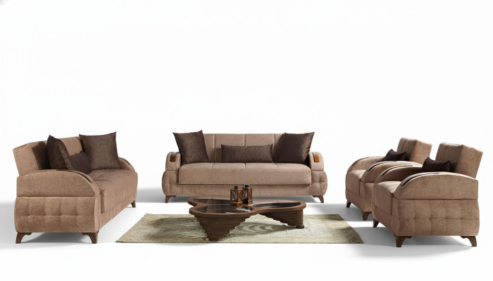 Set di divani design 3+2+1+1 posti in tessuto marrone con cuscini per sedile.