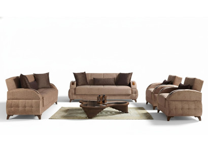 Set di divani design 3+2+1+1 posti in tessuto marrone con cuscini per sedile.