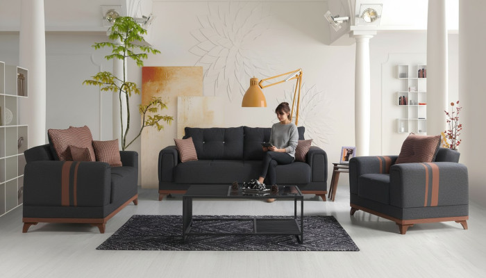 Set completo di divani grigi 3+2+1 posti con poltrona relax, 3 pezzi.