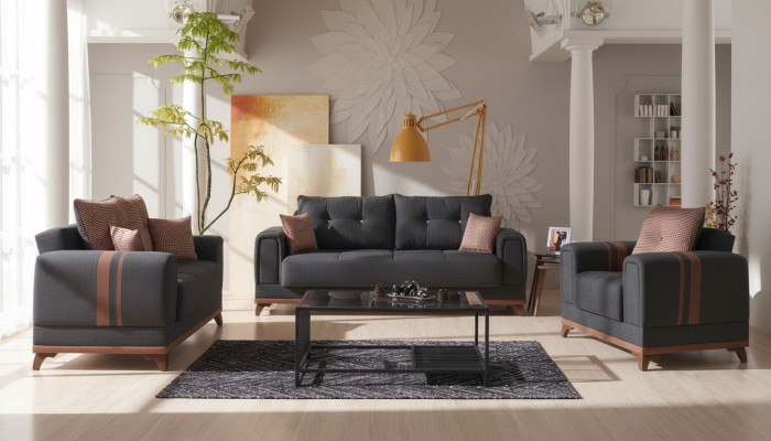 Set completo di divani grigi 3+2+1 posti con poltrona relax, 3 pezzi.