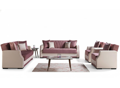 Set completo di lussuosi divani moderni per il soggiorno con un totale di 3 posti + 2 poltrone + 1 pouf + 1 tavolino, nuovi.
