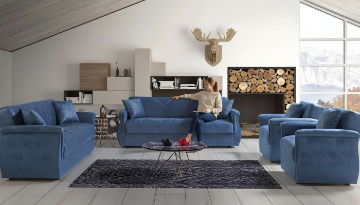 Set di divani 3+2+1+1 in legno per il salotto, lussuoso divano moderno in stoffa di alta classe completo.